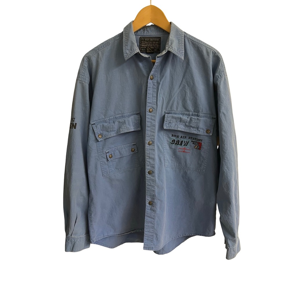 Vintage 90s Bugle Boy Air Crew Kitschy Button-Down Blue Shirt Mens M Aviation